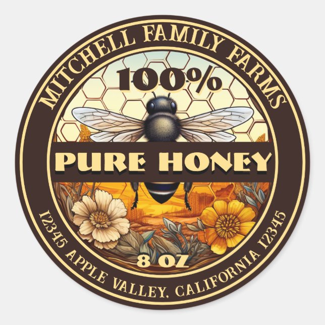 Pegatina Redonda 100% Pure Honey Bee Lable (Anverso)
