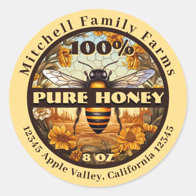 Pegatina Redonda 100% Pure Honey Bee Lable (Anverso)
