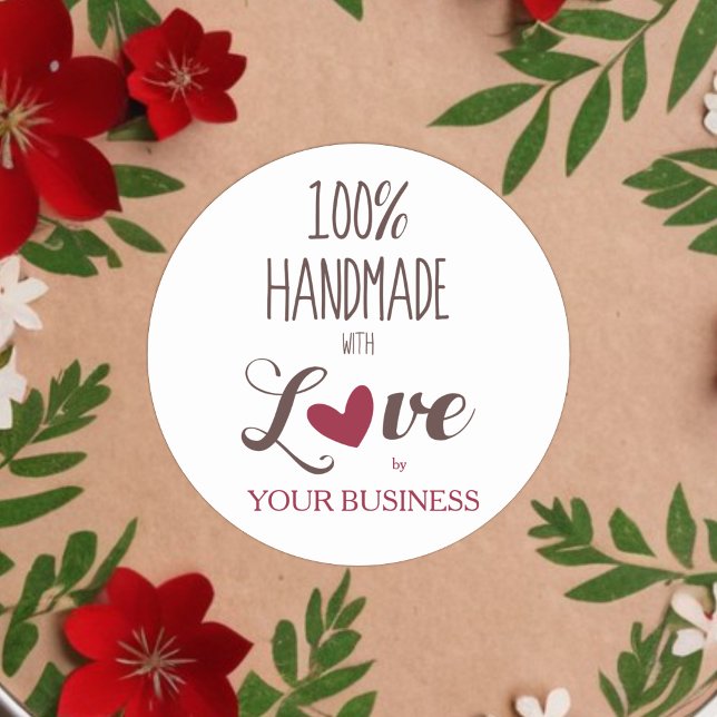 Pegatina Redonda 100% Quote Craft Articles Handmade (Romantic Rustic 100% Handmade with Love Quote Classic Round Sticker with Red Heart. )