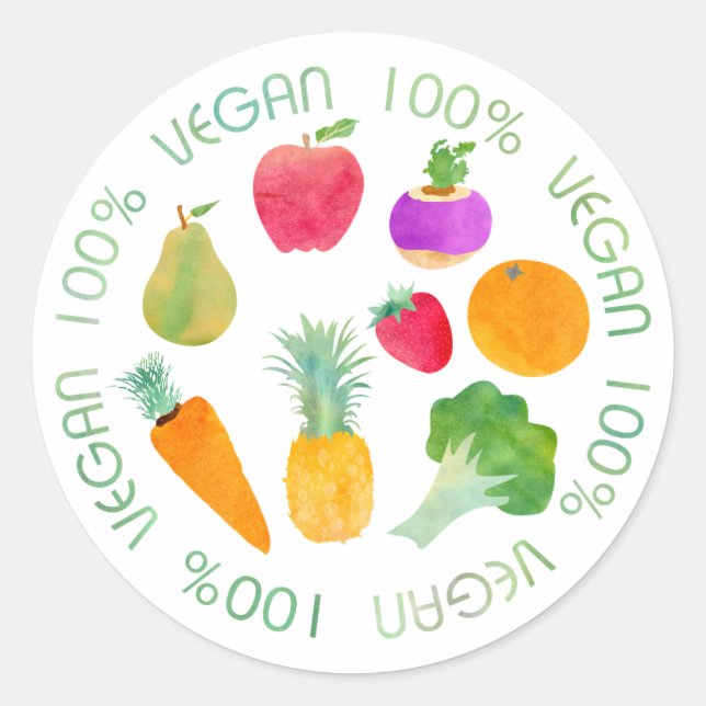 Pegatina Redonda 100% Vegan Frutas y acuarela vegetal (Anverso)