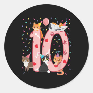 Pegatina Redonda 10.º Chica de cumpleaños lindo traje de gato de 10