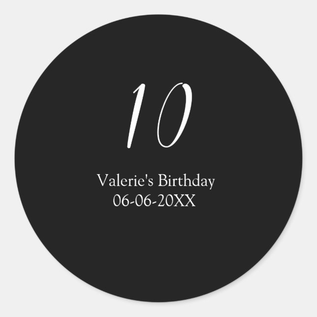 Pegatina Redonda 10th birthday white black name date calligraphy  (Anverso)