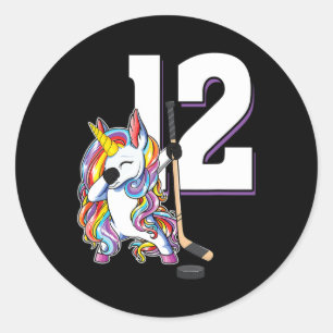 Pegatina Redonda 12 años de natalidad Dabbing Unicorn Hockey sobre 