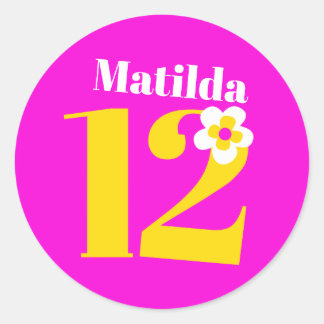 Pegatina Redonda 12 chicas de la fiesta de cumpleaños amarillo rosa