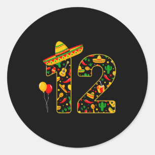 Pegatina Redonda 12 cumpleaños sombrero mexicano maracas cinco de