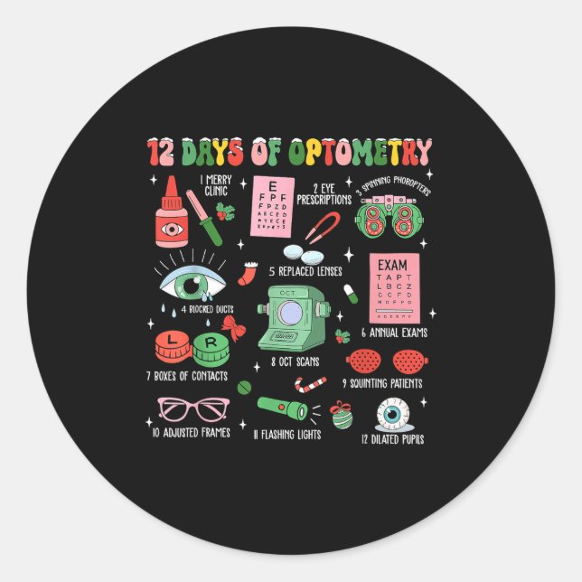 Pegatina Redonda 12 Days Of Optometry Christmas Eye Doctor Optometr (Anverso)