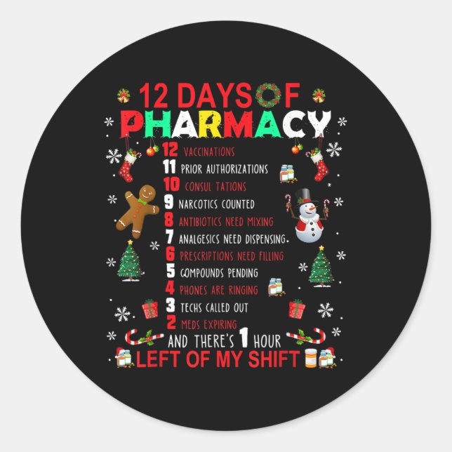 Pegatina Redonda 12 Days Of Pharmacy Funny Christmas Pharmacist Tec (Anverso)