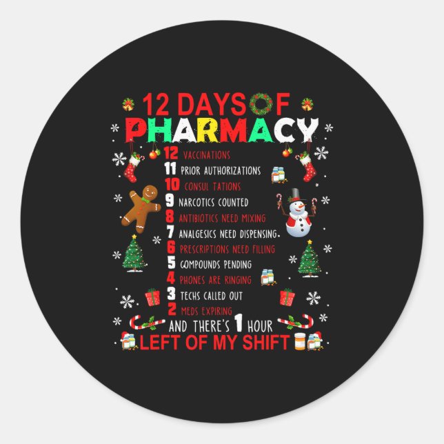 Pegatina Redonda 12 Days Of Pharmacy Funny Christmas Pharmacist Tec (Anverso)