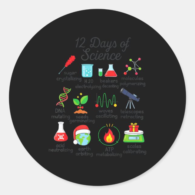Pegatina Redonda 12 Days Of Science Funny Science Teacher Christmas (Anverso)