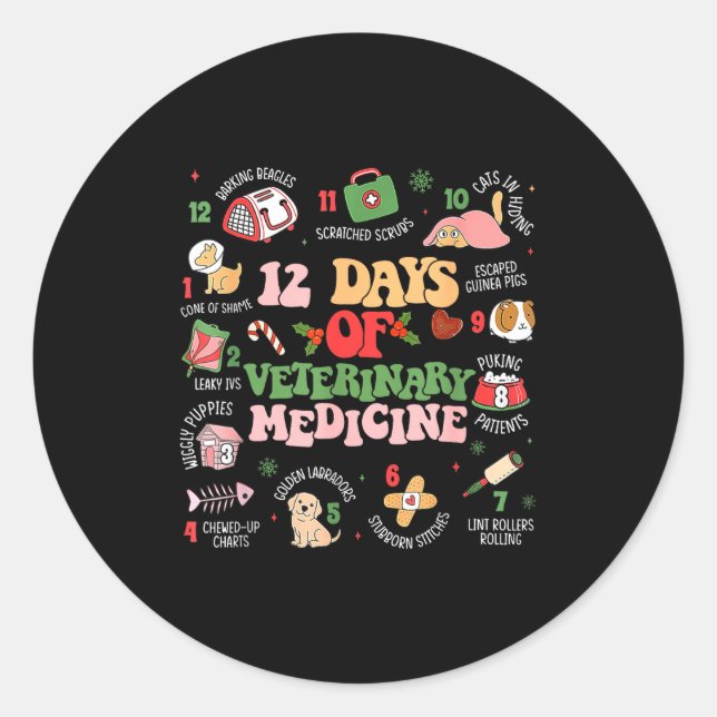 Pegatina Redonda 12 Days Of Veterinary Medicine Funny Christmas Vet (Anverso)