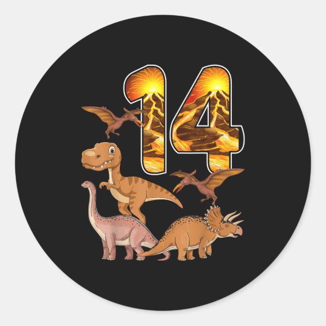 Pegatina Redonda 14th Birthday Dinosaur T-rex 14 Years Old Birthday (Anverso)