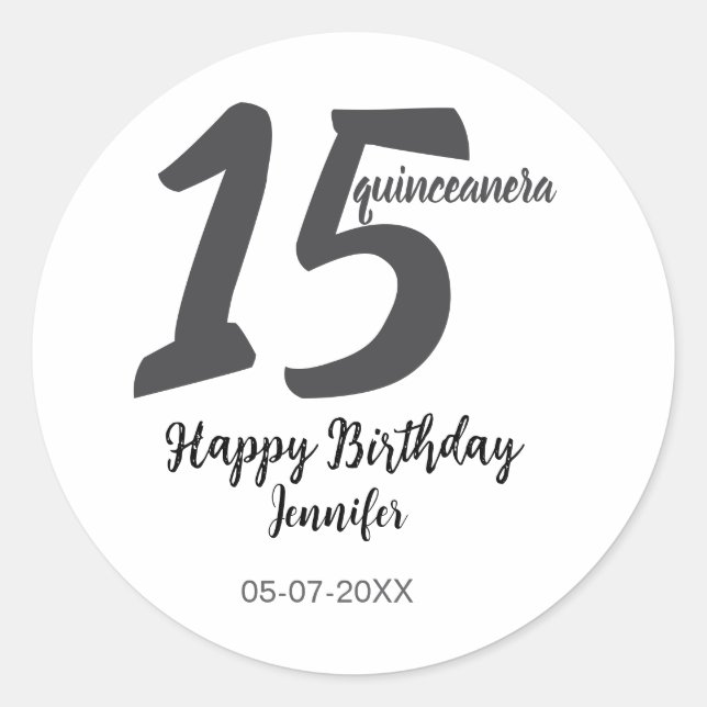 Pegatina Redonda 15º cumpleaños añadir nombre fecha año negro plant (Anverso)