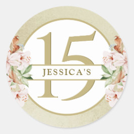 Pegatina Redonda 15º Cumpleaños (u otro), Floral Dorado Champán