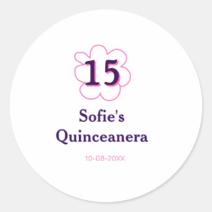 Pegatina Redonda 15.ª quinceañera feliz cumpleaños púrpura rosa