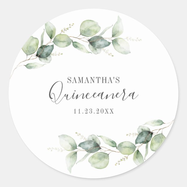 Pegatina Redonda 15.º cumpleaños Eucalyptus Greenery Quinceanera (Anverso)