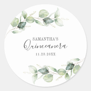 Pegatina Redonda 15.º cumpleaños Eucalyptus Greenery Quinceanera