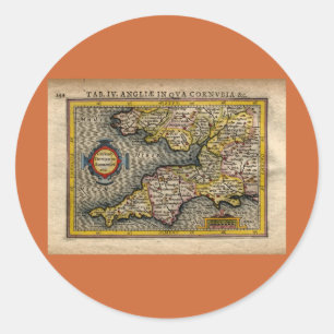 Pegatina Redonda 1610 Mapa de Cornwall, Devon, Somerset, etc...