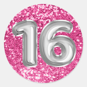 Pegatina Redonda 16 Globos de Papel Plateado Brillante Rosa Glitter