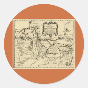 Pegatina Redonda 1755 Great Lakes y nuevo mapa de Francia/de Canad