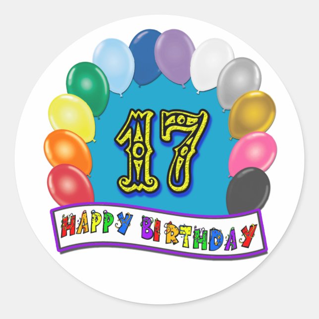 Pegatina Redonda 17.º cumpleaños con diseño de globos variados (Anverso)