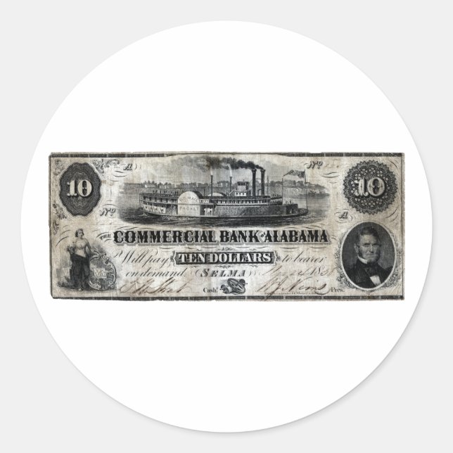 Pegatina Redonda 1858 Alabama Ten Dollar Note (Anverso)