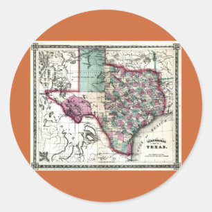 Pegatina Redonda 1866 Mapa Anticuario de Texas, por Schönberg & Co.