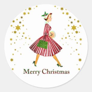 Pegatina Redonda 1950 Navidad Dama Vintage Feliz Navidad
