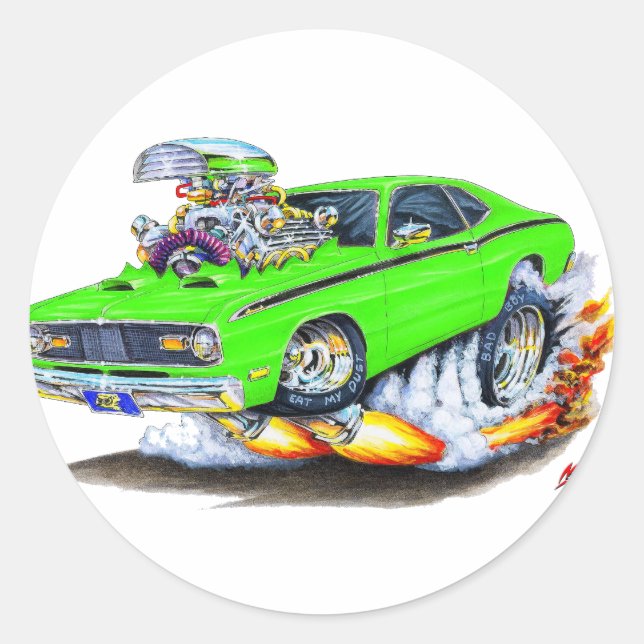Pegatina Redonda 1970-74 Plymouth Duster Lime Car (Anverso)