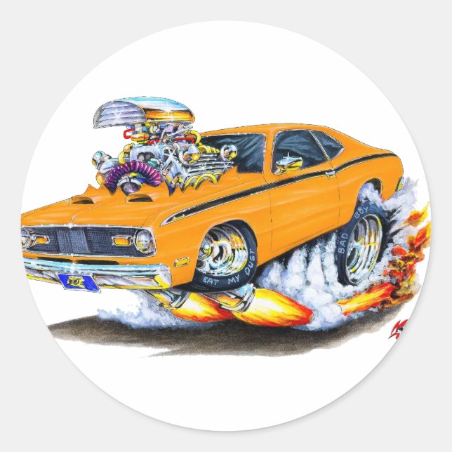 Pegatina Redonda 1970-74 Plymouth Duster Naranja Car (Anverso)