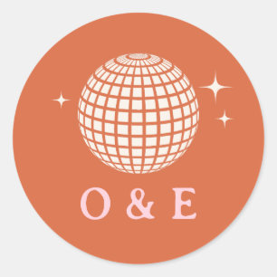 Pegatina Redonda 1970 Disco Ball Sparkles Iniciales Bodas Retro