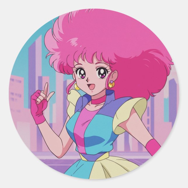 Pegatina Redonda 1980s anime-style characters (Anverso)