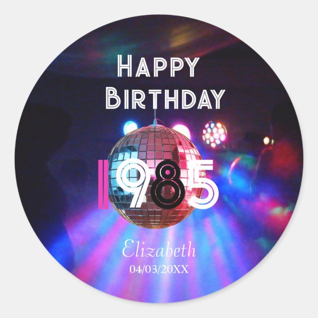 Pegatina Redonda 1985 Disco Ball 40 Fiesta de cumpleaños (Anverso)