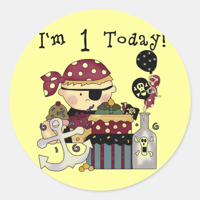 Pegatina Redonda 1.ª Camisetas y regalos piratas de cumpleaños (Anverso)