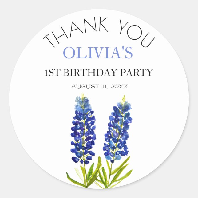 Pegatina Redonda 1.ª fiesta de cumpleaños Bluebonnets Baby Girl (Anverso)