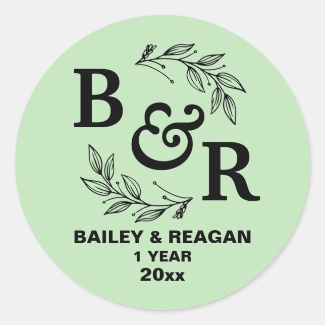 Pegatina Redonda 1.ᵉʳ Aniversario Boda deja a Motif Monograma (Anverso)