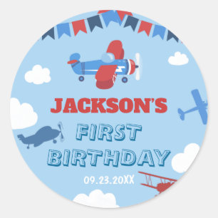 Pegatina Redonda 1.ᵉʳ Avión De Cumpleaños Un Año Ha Vuelto Sky Clou
