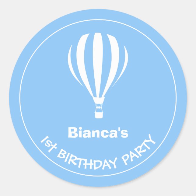 Pegatina Redonda 1.ᵉʳ Balón de aire caliente azul y blanco (Anverso)