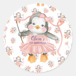 Pegatina Redonda 1.ᵉʳ cumpleaños Ballerina Pingüino Personalizado