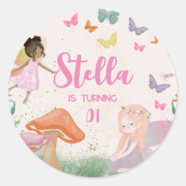 Pegatina Redonda 1.ᵉʳ Cumpleaños Magical Fairy Floral Garden Pixie