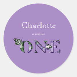 Pegatina Redonda 1.ᵉʳ cumpleaños morado uno