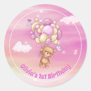 Pegatina Redonda 1.ᵉʳ cumpleaños Teddy Bear Globos rosados