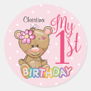Pegatina Redonda 1.ᵉʳ Cumpleaños Teddy Bear Personalizado Rosa