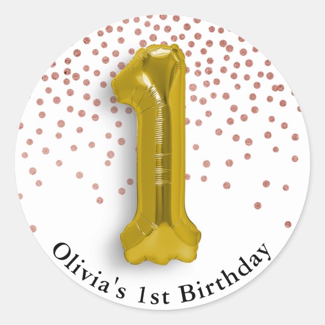 Pegatina Redonda 1.ᵉʳ Rosa de cumpleaños Confetti y globo de oro (Anverso)
