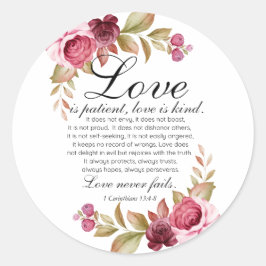 Pegatina Redonda 1 Corintios 13:4-8 El amor es Paciente Floral Bibl