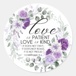 Pegatina Redonda 1 Corintios 13:4 El amor es la floral violeta del