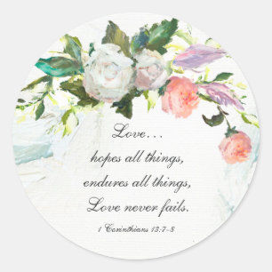 Pegatina Redonda 1 Corintios 13:7-8 El amor nunca falla a los Rosas