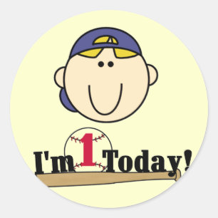 Pegatina Redonda 1ras camisetas del cumpleaños del béisbol rubio