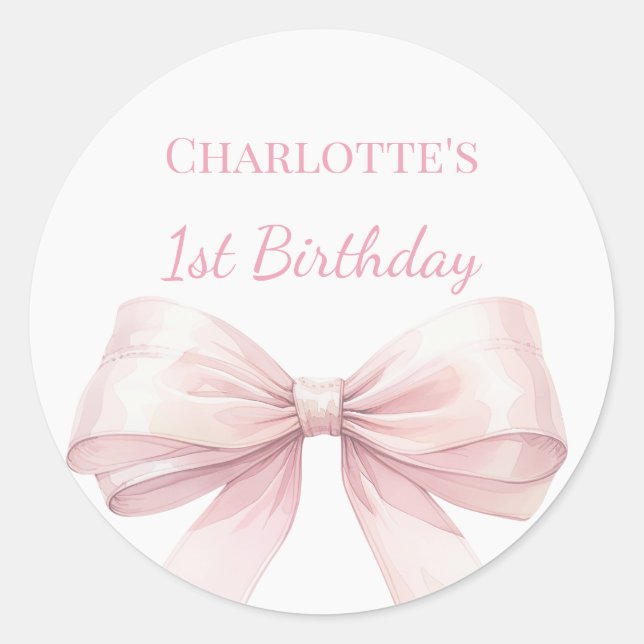 Pegatina Redonda 1st Birthday Bow Blush Pink Girl (Anverso)