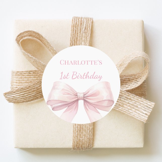 Pegatina Redonda 1st Birthday Bow Blush Pink Girl (Subido por el creador)