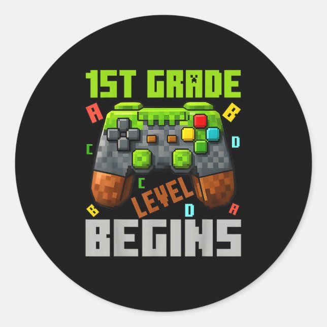 Pegatina Redonda 1st Grade Level Begins Gaming Gamer Boys Kids Back (Anverso)